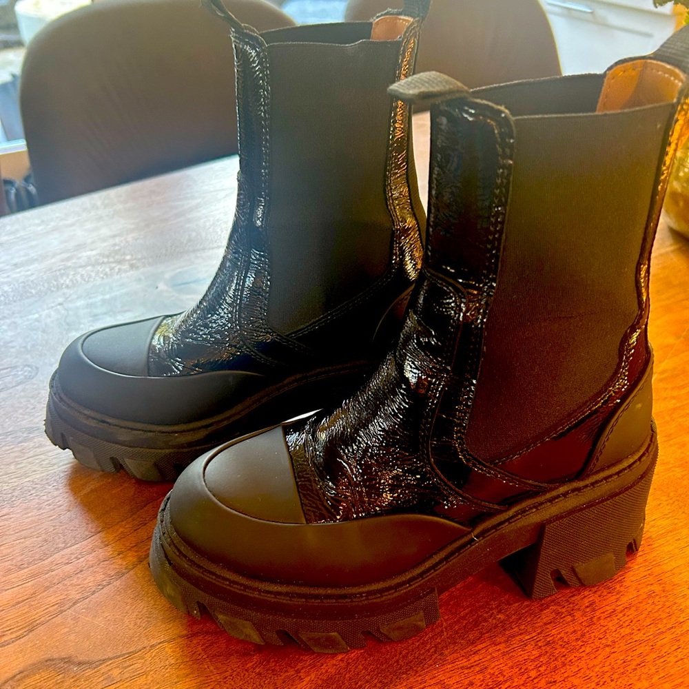 Ganni Black Stitch Cleated Mid Chelsea Boots